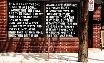 Micah Lexier's "Two Equal Texts" displayed in front of the bookstore Printed Matter Inc. in New York City.