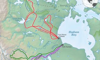 Map showing the routes of Henday, Hearne and Kelsey.