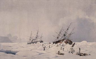 Colour illustration of two ships in the arctic ice.
