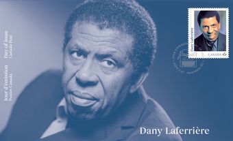 A portrait of Dany Laferrière in blue with a stamp in his image in the upper right corner.