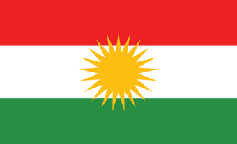 Un drapeau avec trois bandes horizontales. Allant de haut en bas, celles-ci sont rouge, blanc et vert. Un soleil se trouve au milieu du drapeau.