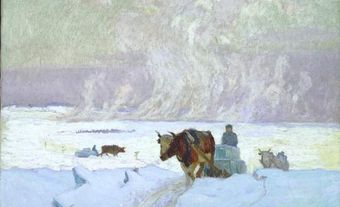 Oil painting showing oxen hauling ice.