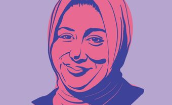 Ausma Malik is illustrated in pink and blue with a purple background.