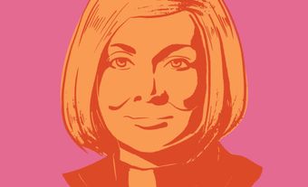 Cheri DiNovo est illustrée en orange sur un fond en rose.