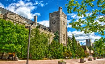 Stone building behind some trees and a street