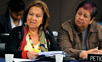 Jeannette Corbiere Lavell (left) and Sharon McIvor (right) speaking at the Inter-American Commission on Human Rights (2012).