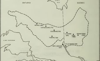 Map of Ontario and Quebec showing the range of the Canadian Clay Belt.
