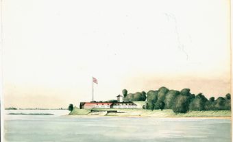 Watercolour painting of an island with a fort and a British flag