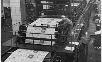 Globe and Mail workers in the newspaper printing room in Toronto, Ontario c. 1939-51
