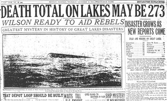 Article d’actualité soulignant le nombre de décès et de navires coulés lors de la tempête des Grands Lacs de 1913.