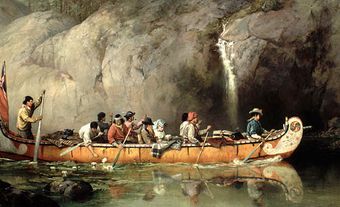 Canoe Manned by Voyageurs Passing a Waterfall