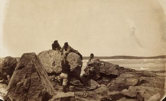  French fishermen climbing rocks, ca. 1857, Newfoundland