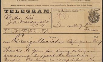 Télégramme adressé au premier ministre sir John A. Macdonald