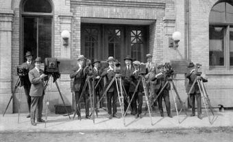 Cameramen outside the Canadian Government Motion Picture Bureau