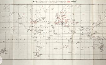 Carte indiquant les dates enregistrées de l'épidémie de grippe en 1889 et 1890