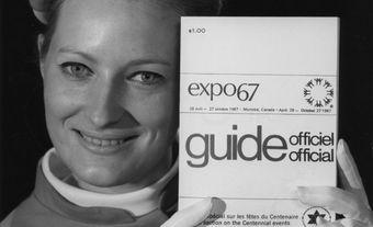 An Expo '67 hostess with publicity document