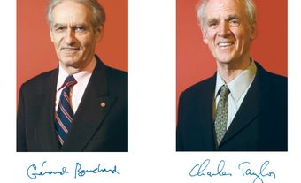 Two portraits with red backgrounds. Gérard Bouchard is on the left while Charles Taylor is on the right.