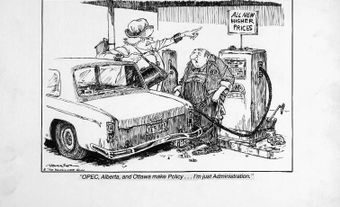 A cartoon depicting a woman arguing with a gas station attendant over his prices