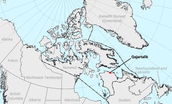 Map detailing the location of Qajartalik, with dotted lines representing the approximate extent of the Late Dorset occupation.