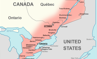 Carte de la région qui délimite le corridor Québec-Windsor.