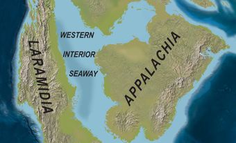 Map of North America with an inland sea stretching from the Arctic Ocean to the Gulf of Mexico.